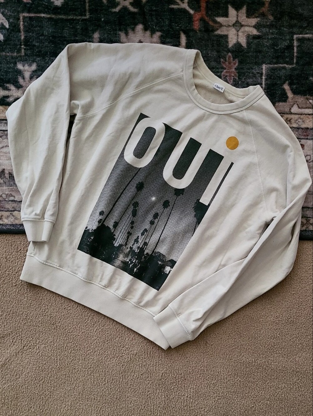 Clare V Cream Graphic 'OUI' Crewneck Sweatshirt Size XS - Picture 3 of 6